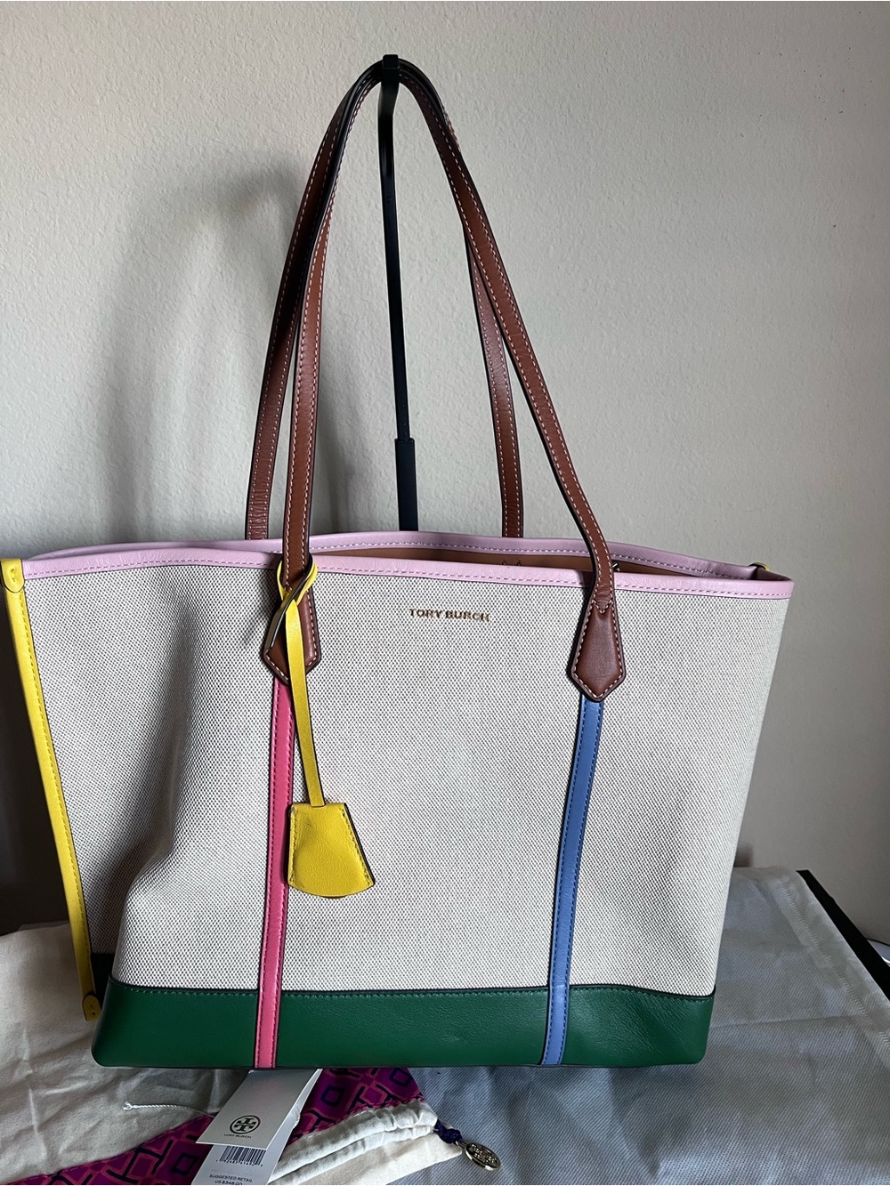 Tory Burch Perry Canvas Tote with Pink, Yellow, Blue & Green Trim